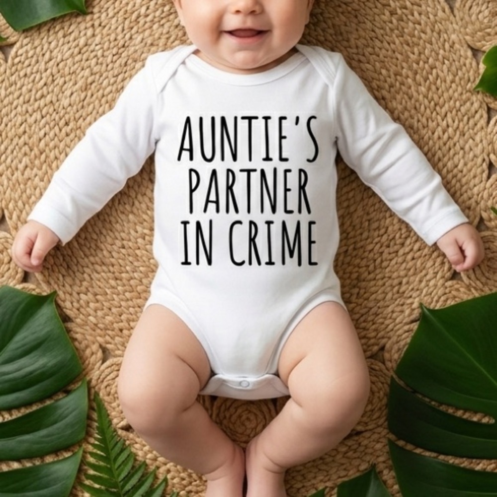 NWT “Auntie's Partner in Crime" Baby Onesie - White - Size 12-18m